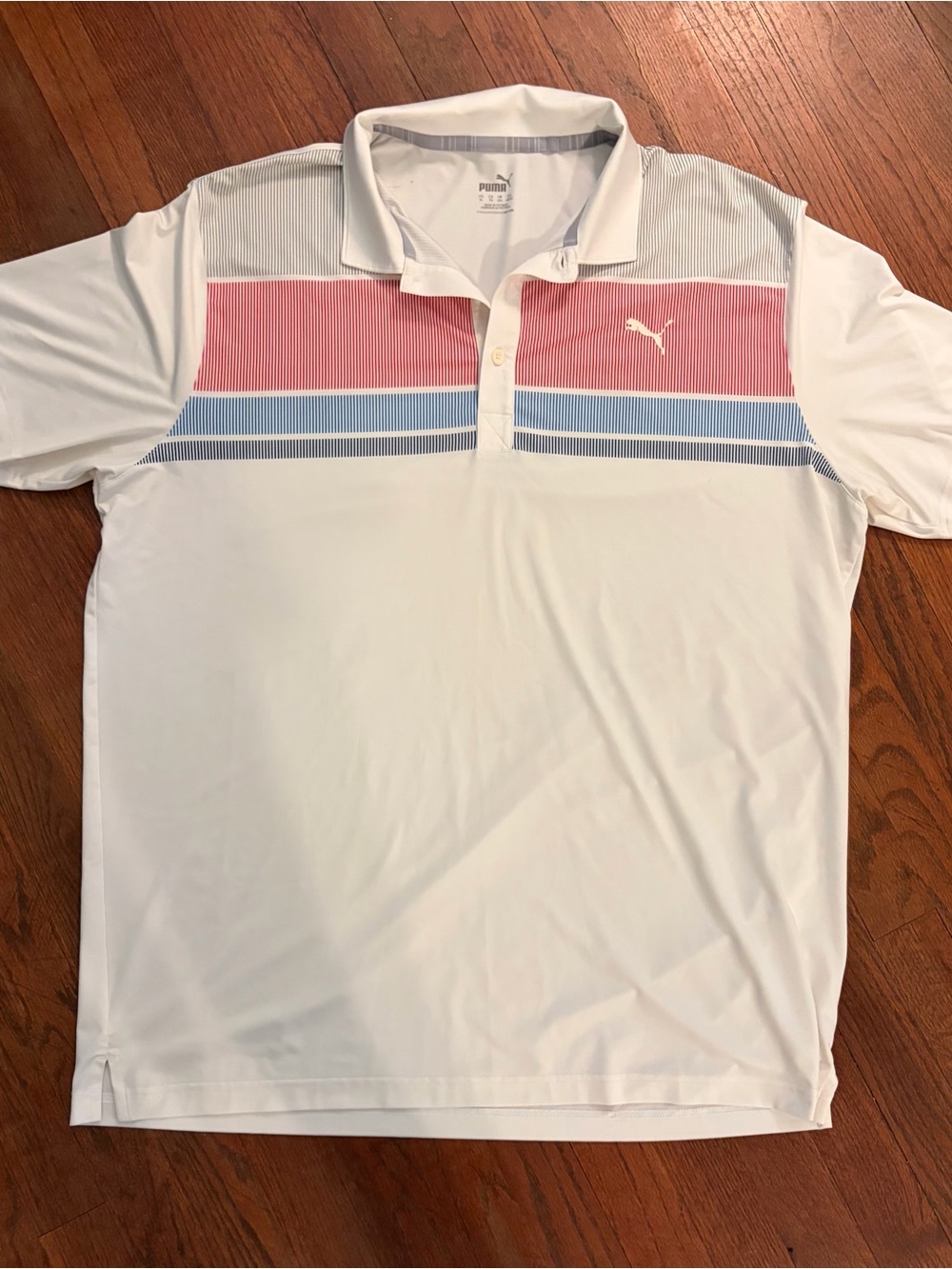 Puma Men’s White Polo with Pink and Blue Chest Stripes